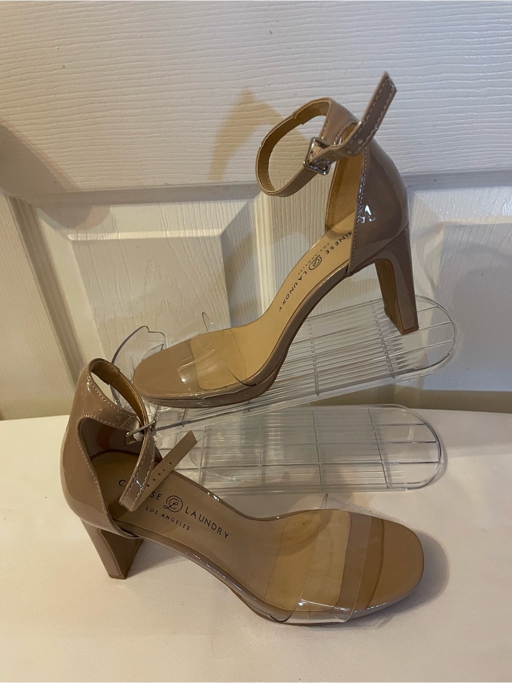 Chinese Laundry Patent Nude Ankle-Strap Block Heels